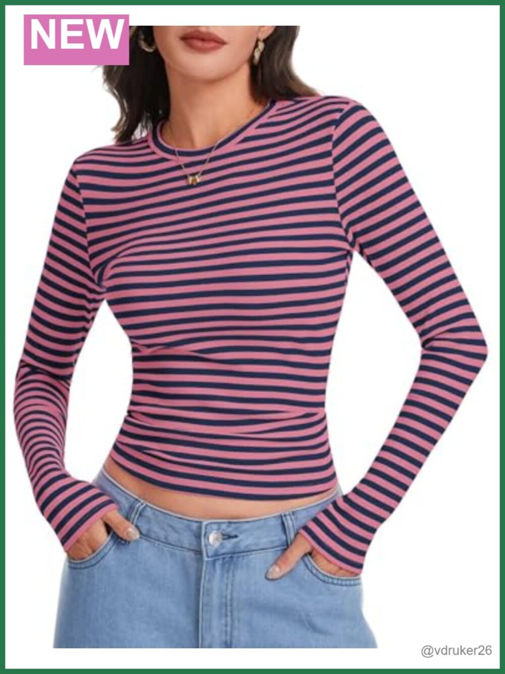 Women Ribbed Striped Long Sleeve Slim Fit Tee Stretch Crew Neck Top